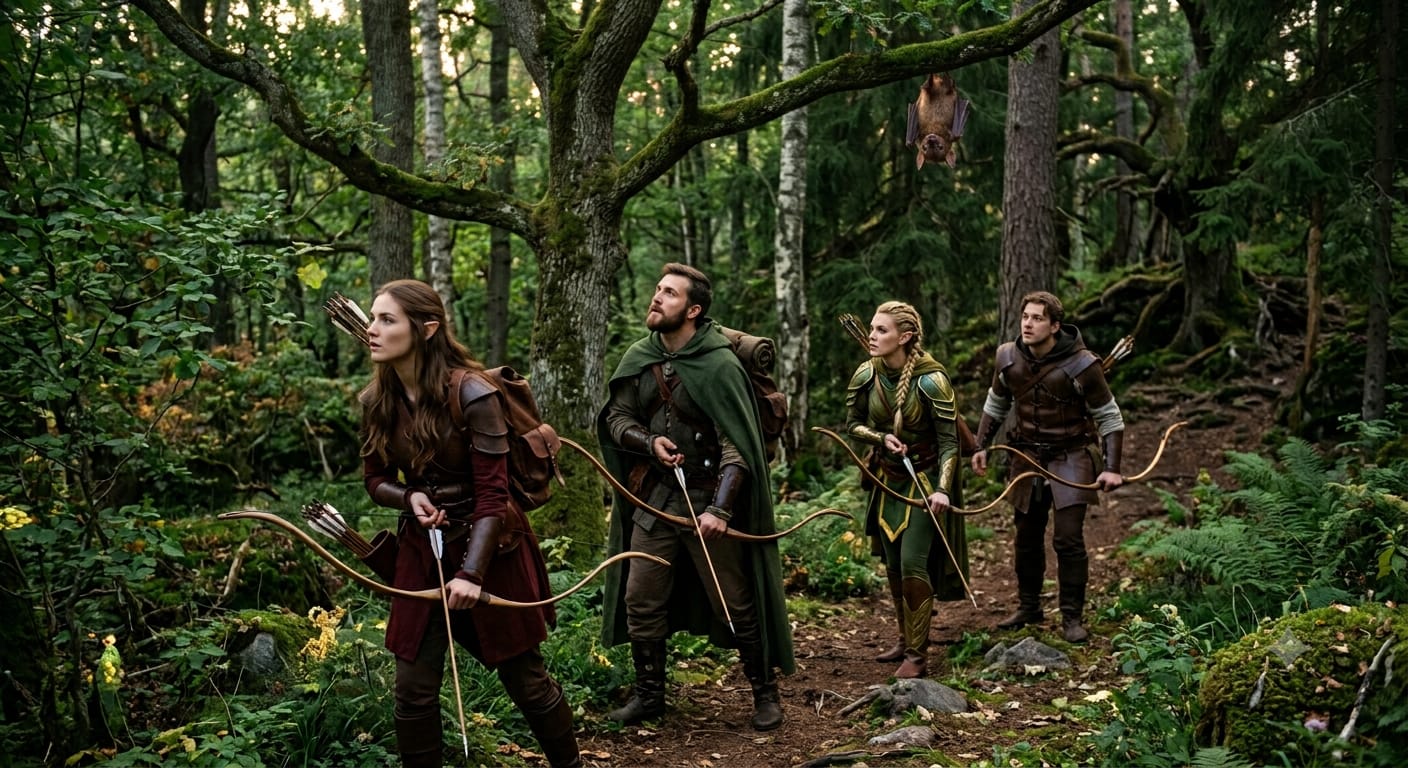 Eine Abenteurergruppe wandert durch den dichten Wald in Tralea